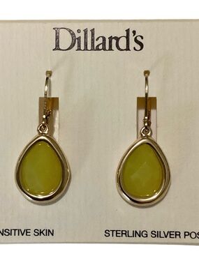 Dillard’s Gold Tone Chartreuse Faceted Faux Stone 925 Post Dangle Drop Earrings